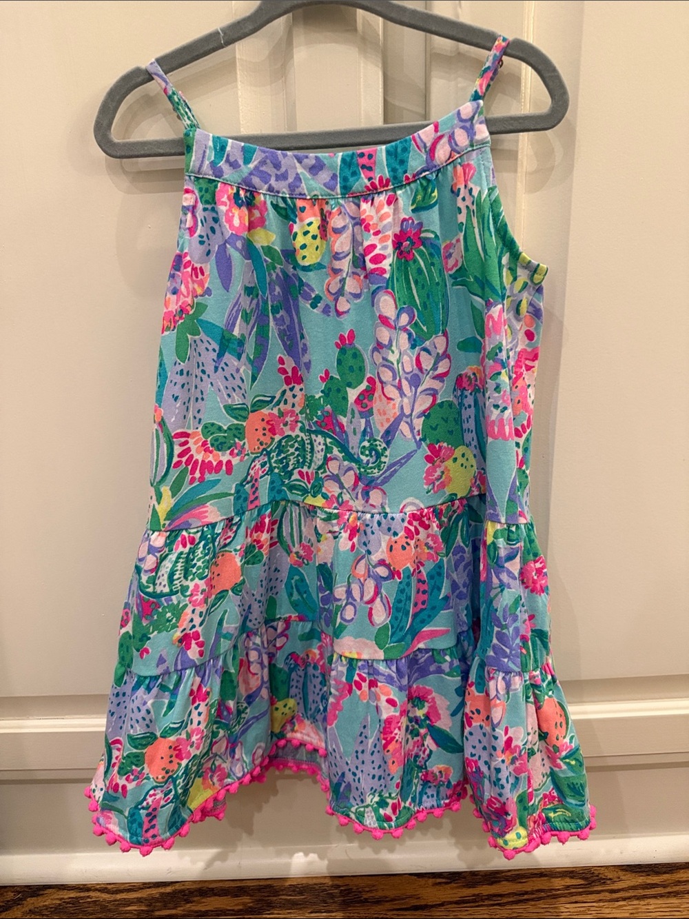 Lilly Pulitzer Neon Multicolored Floral Tiered Muslin Dress with Neon Pink Trim